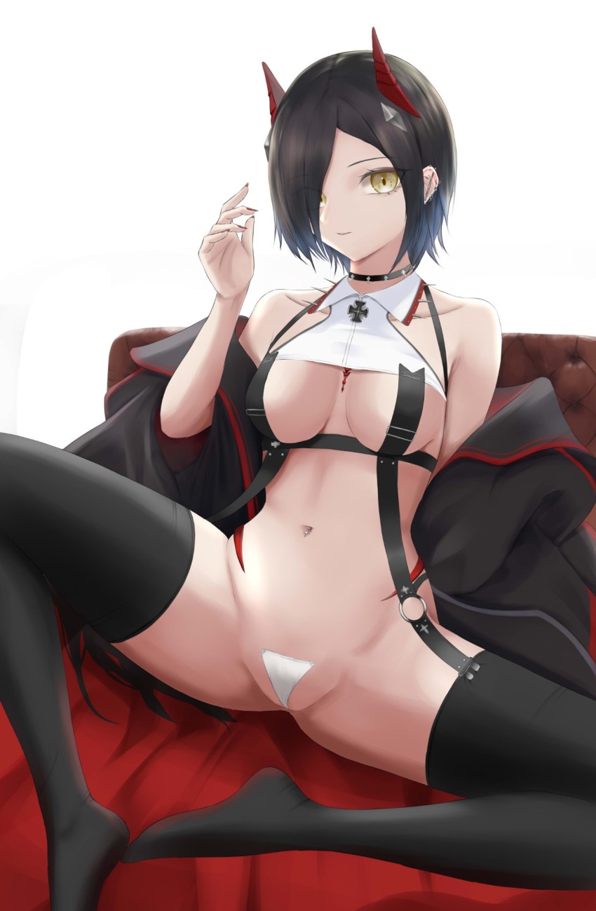 1girl, azur_lane, bare_shoulders, black_choker, black_coat, black_hair, black_thighhighs, breast_strap