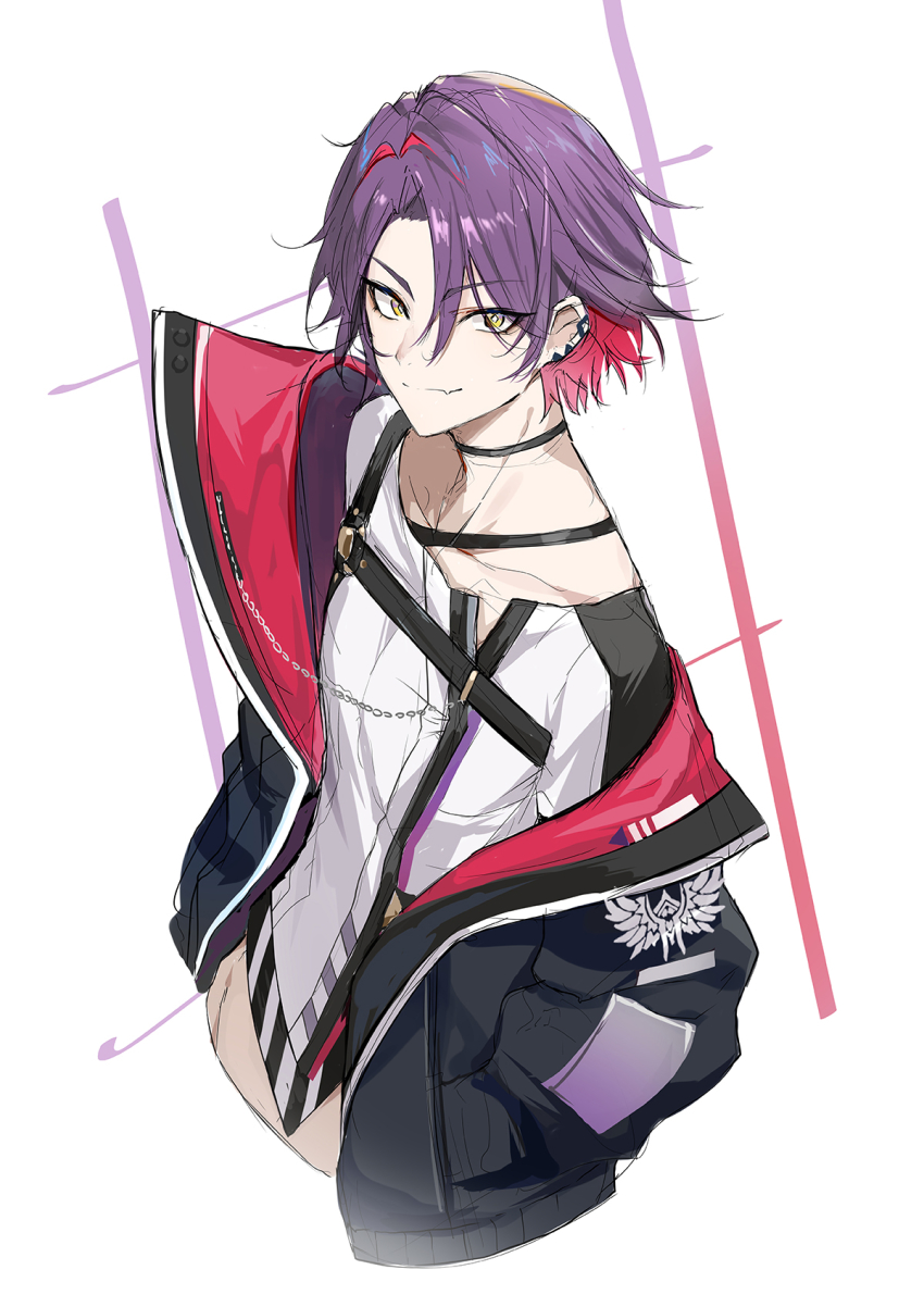 1boy, 2022, black_jacket, closed_mouth, collarbone, cropped_torso, ear_piercing, fang, hands_in_pockets, highres, jacket, looking_at_viewer, luse_maonang, nijisanji, open_clothes, open_jacket, piercing, purple_hair, shirt, short_hair, skin_fang, smile, solo, virtual_youtuber, watarai_hibari, watarai_hibari_(1st_costume), white_shirt, yellow_eyes