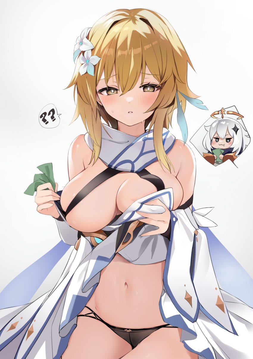 2girls, ?, ??, absurdres, bare_shoulders, black_panties, blonde_hair, blush