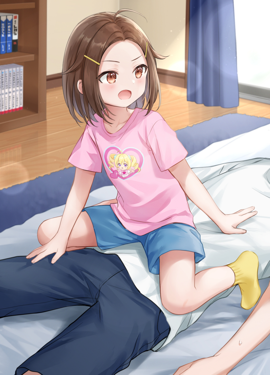 1boy, 1girl, ahoge, blonde_hair, blue_pants, blue_shorts, blurry, bokeh