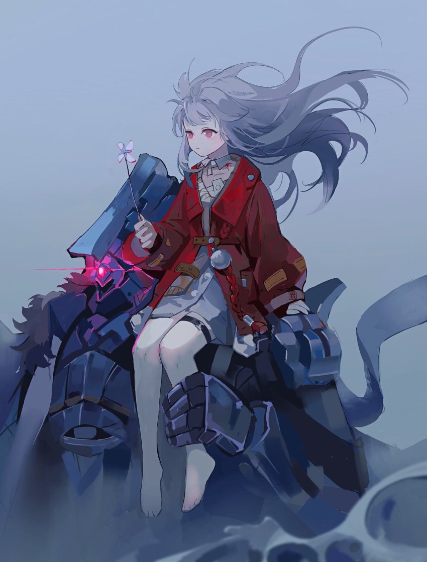 1girl, 2022, clara_(honkai:_star_rail), closed_mouth, coat, floating_hair, frown, grey_background, highres, holding, holding_pinwheel, honkai:_star_rail, honkai_(series), huashengmi, long_hair, mecha, pinwheel, red_eyes, robot, sitting_on_shoulder, svarog_(honkai:_star_rail), thigh_strap, white_hair, windmill