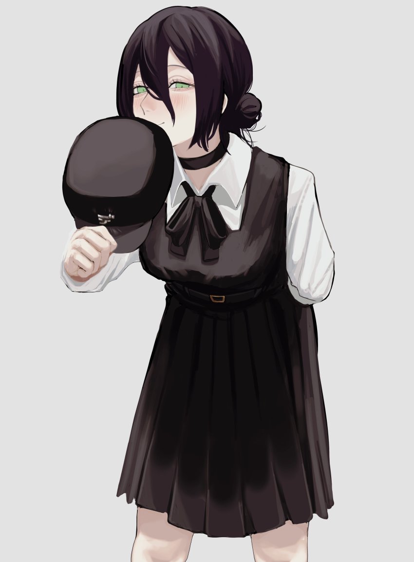 1girl, absurdres, arm_behind_back, black_choker, black_dress, black_hair, black_ribbon, breasts