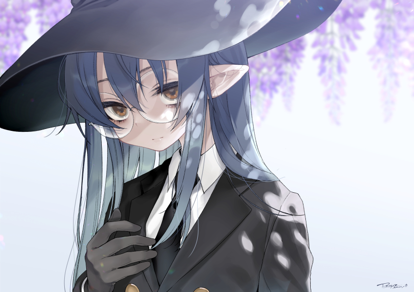 1girl, absurdres, black_gloves, blue_hair, brown_eyes, collared_shirt, dancho_(dancyo), expressionless