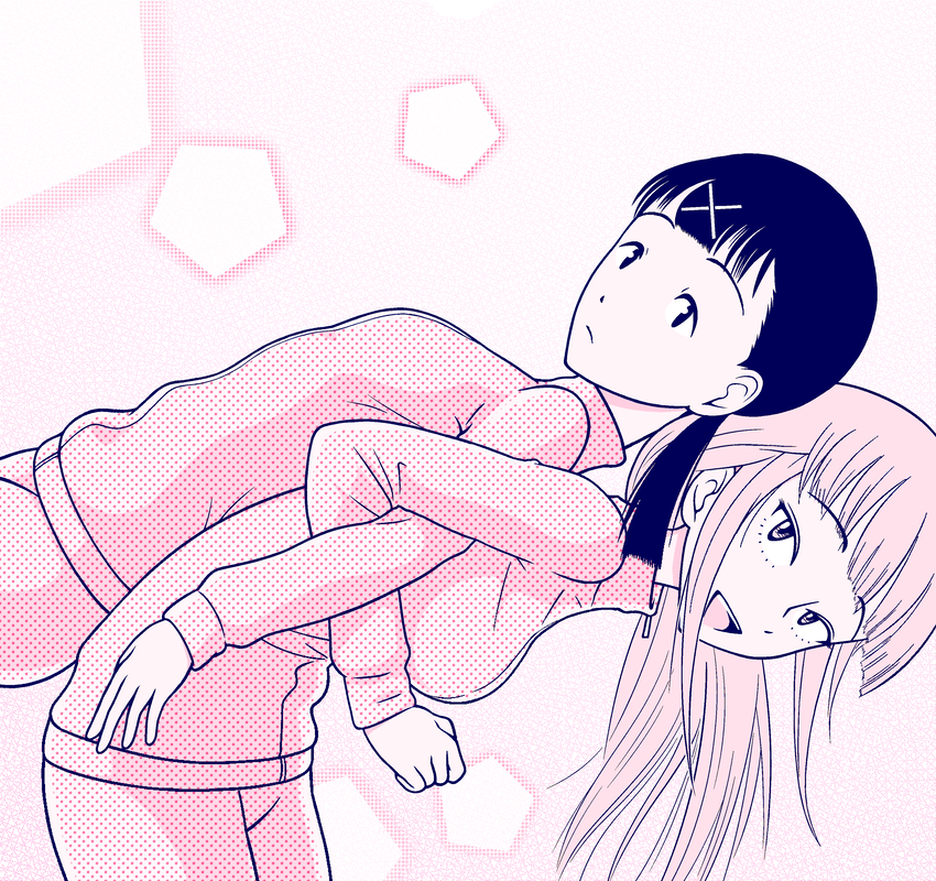 2girls, akimotsu_(akim_x), back-to-back, breasts, hair_ornament, iguchi_akari, jacket, katou_asuka