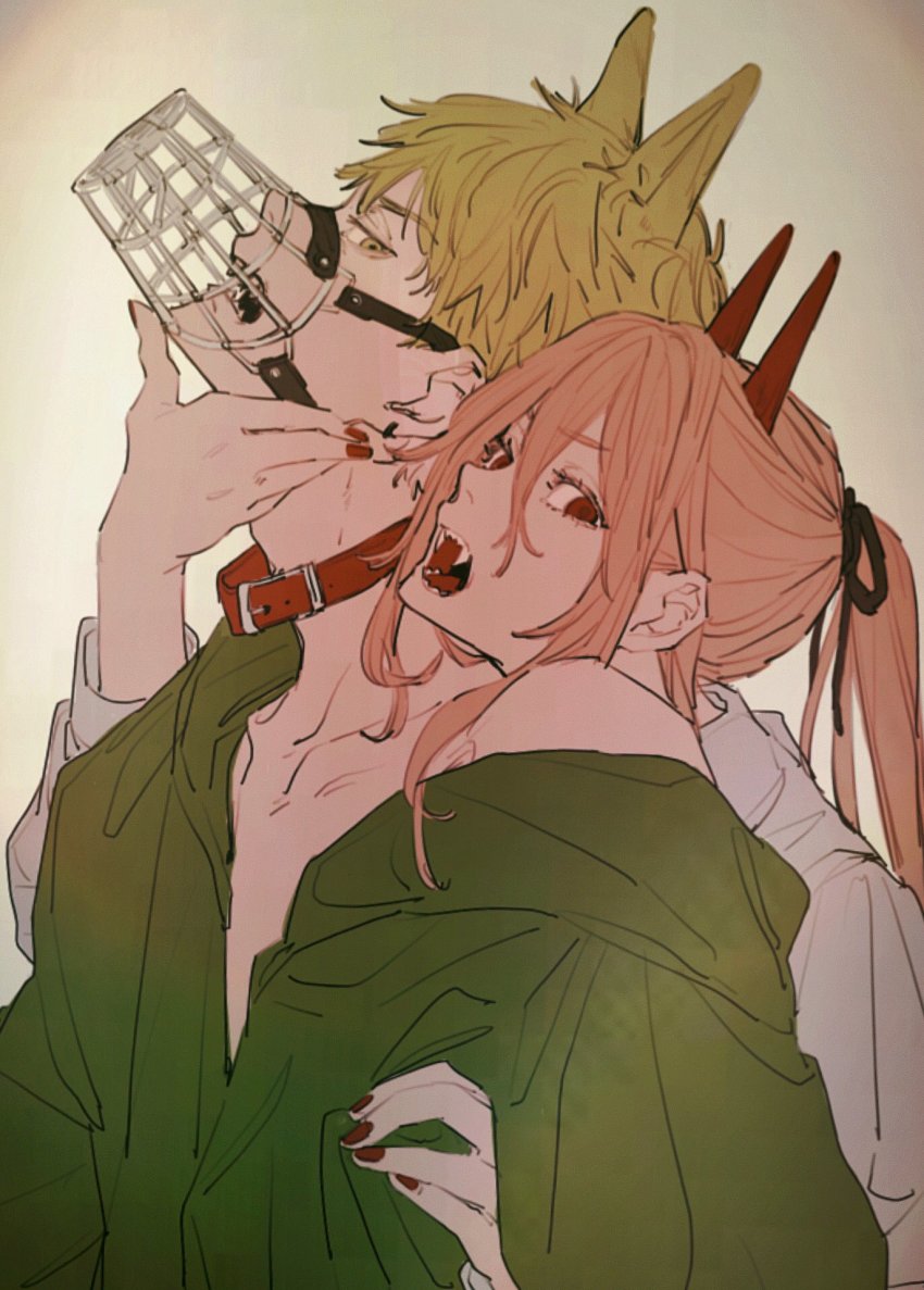 1boy, 1girl, blonde_hair, chainsaw_man, collar, denji_(chainsaw_man), fangs, green_hoodie