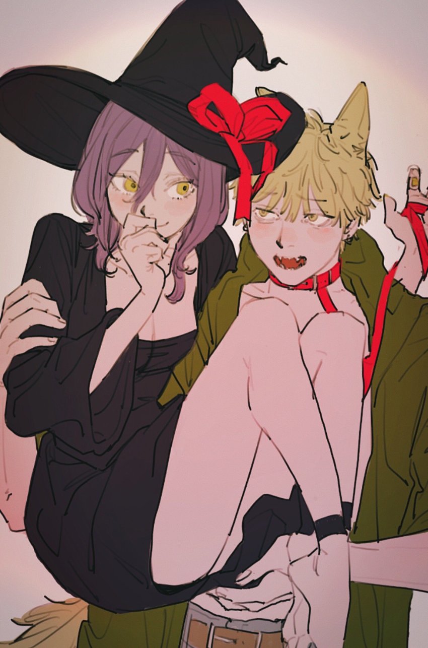 1boy, 1girl, animal_ears, ankle_cuffs, black_dress, blonde_hair, blush, breasts