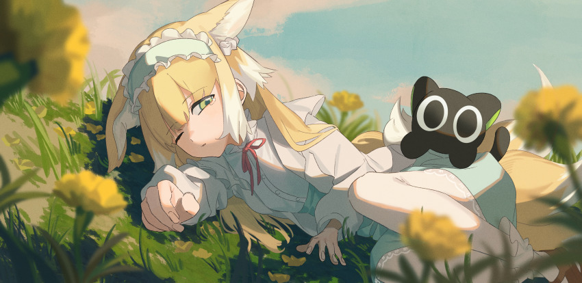 1girl, absurdres, animal_ear_fluff, animal_ears, arknights, black_cat, blue_hairband, blue_skirt, blue_sky, blurry, blurry_foreground, brown_footwear, cat, cloud, commentary_request, crossover, day, depth_of_field, flower, fox_ears, fox_girl, fox_tail, frilled_hairband, frills, grass, green_eyes, hairband, high-waist_skirt, highres, jacket, kitsune, looking_at_viewer, luo_xiaohei, luo_xiaohei_zhanji, lying, neck_ribbon, no3coral, on_ground, on_side, one_eye_closed, open_clothes, open_jacket, outdoors, pantyhose, parted_lips, puffy_short_sleeves, puffy_sleeves, red_ribbon, ribbon, shirt, shoes, short_sleeves, skirt, sky, suzuran_(arknights), suzuran_(spring_praise)_(arknights), tail, tears, white_jacket, white_pantyhose, white_shirt, yellow_flower