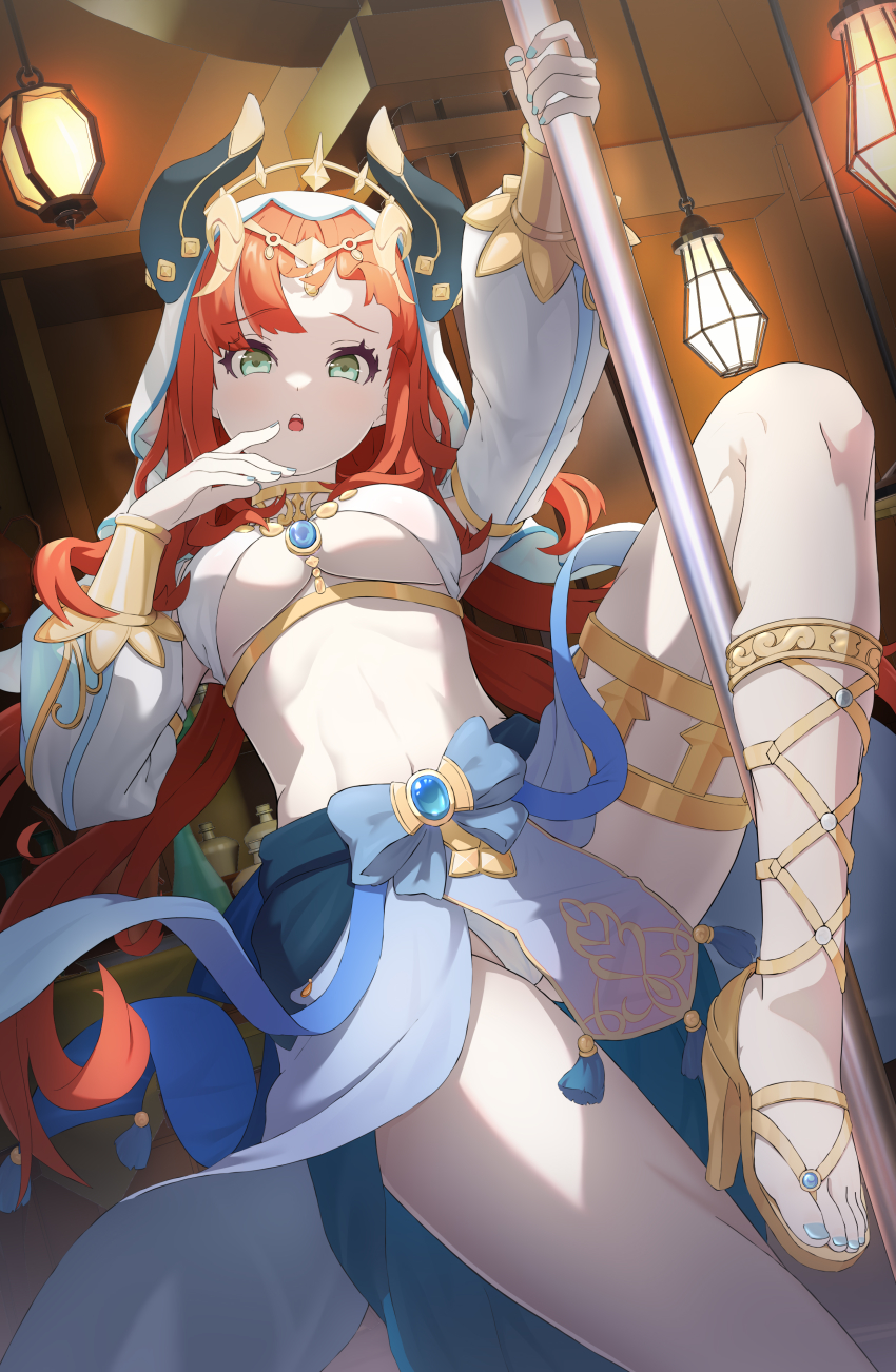1girl, :o, absurdres, arm_up, blue_nails, blue_skirt, bracer, breasts, brooch, crop_top, from_below, genshin_impact, gladiator_sandals, gold_trim, green_eyes, highres, indoors, jewelry, lamp, long_sleeves, looking_at_viewer, nail_polish, navel, neck_ring, nilou_(genshin_impact), nisemono, panties, parted_lips, pelvic_curtain, pole_dancing, puffy_long_sleeves, puffy_sleeves, raised_eyebrows, sandals, skirt, solo, standing, standing_on_one_leg, stomach, thighs, toenail_polish, toenails, toes, underboob, underwear, vambraces, white_panties
