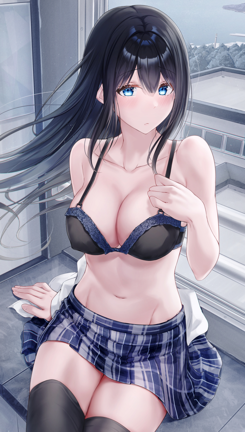 1girl, arm_support, black_bra, black_hair, black_thighhighs, blue_eyes, blue_skirt, blush