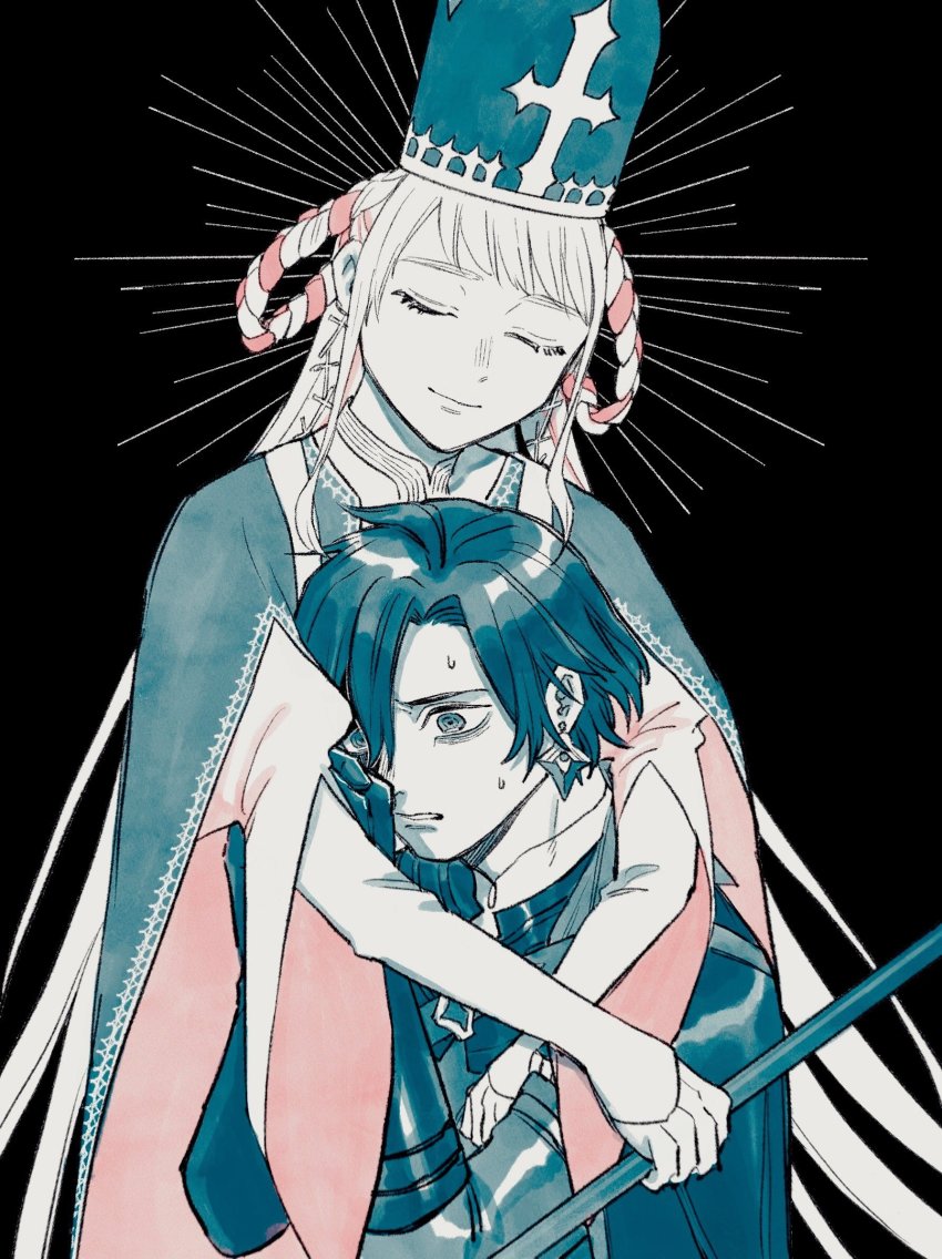 1boy, 1girl, armor, black_background, braid, braided_hair_rings, cape, cheeeeese0619