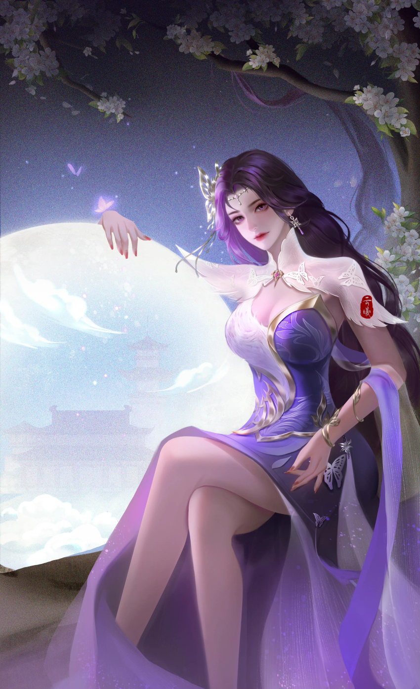1girl, absurdres, bare_legs, breasts, bug, butterfly, cleavage_cutout, closed_mouth, clothing_cutout, dress, earrings, flower, glowing_butterfly, hagoromo, highres, huahua_de_he_xiao_mu_ya, insect, jewelry, large_breasts, long_hair, orb, purple_eyes, purple_hair, second-party_source, shawl, solo, tree, two-tone_dress, wanmei_shijie, yun_xi_(wanmei_shijie)