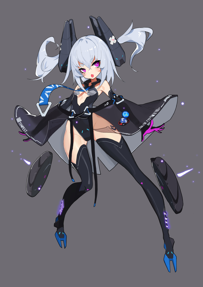 1girl, absurdres, black_leotard, breasts, electricline, full_body, grey_background, highres