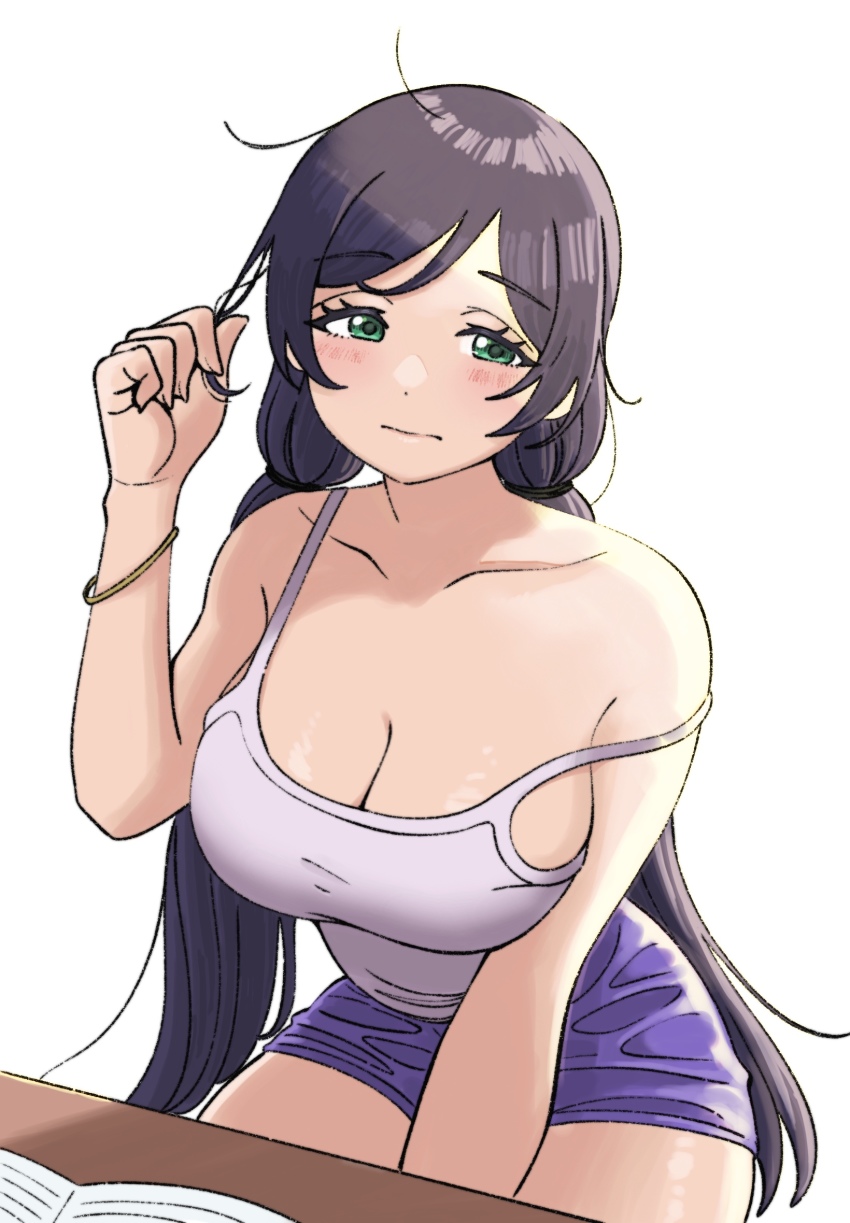 1girl, bracelet, breasts, check_commentary, cleavage, commentary, commentary_request, dunchy, green_eyes, half-closed_eyes, highres, jewelry, large_breasts, long_hair, looking_at_viewer, love_live!, love_live!_school_idol_project, purple_hair, reading, simple_background, solo, strap_slip, tojo_nozomi, twintails, white_background