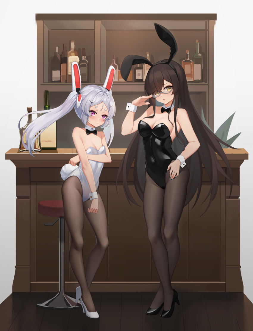 2girls, a_san_san, absurdres, aether_gazer, alcohol, animal_ears, bar_(place), black_bow