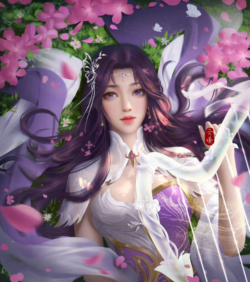 1girl, cleavage_cutout, closed_eyes, clothing_cutout, da_pang_banbiantian, earrings, flower, from_above, grass, hair_ornament, harp, highres, instrument, jewelry, long_hair, lying, on_back, petals, purple_eyes, purple_hair, second-party_source, solo, upper_body, wanmei_shijie, yun_xi_(wanmei_shijie)