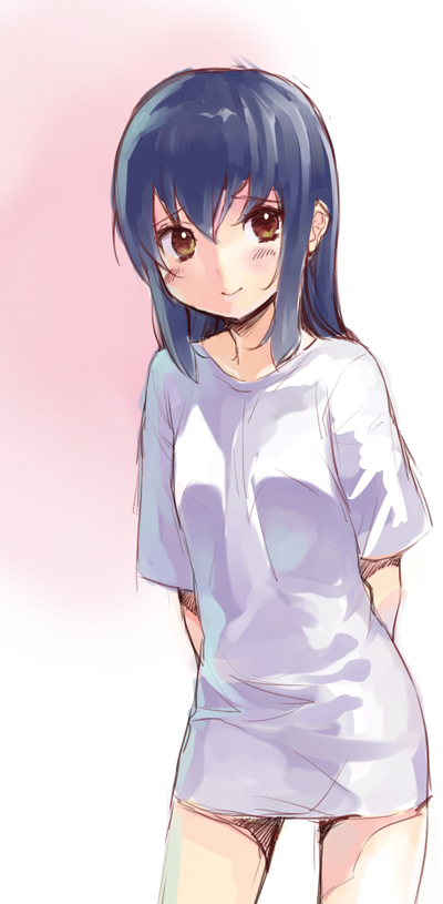 1girl, alternate_hairstyle, arms_behind_back, bad_id, bad_pixiv_id, black_hair, blush, brown_eyes, female_focus, hair_down, k-on!, long_hair, nakano_azusa, no_pants, shirt, sketch, solo, t-shirt, yaguchiya, yaguchiya_tomoshi