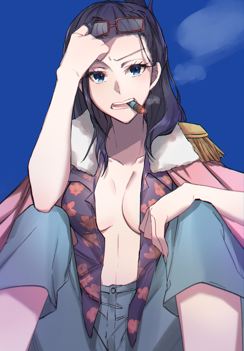 1girl, absurdres, black_hair, blue_background, blue_eyes, breasts, cigar, cleavage, dress_shirt, eyewear_on_head, grey_pants, hand_on_own_knee, highres, long_hair, looking_at_viewer, mairu003, medium_breasts, no_bra, one_piece, open_clothes, open_mouth, open_shirt, pants, print_shirt, purple_shirt, rectangular_eyewear, red-framed_eyewear, shirt, sitting, sketch, smoke, smoker_(one_piece), smoking, solo, tashigi