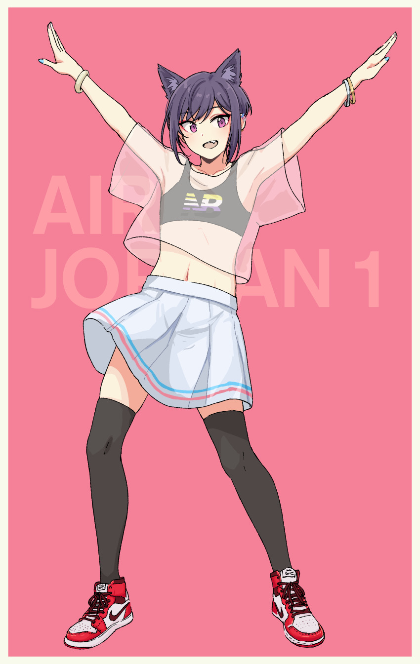 1other, absurdres, air_jordan, air_jordan_1, androgynous, animal_ears, arms_up, bangle, black_thighhighs, bracelet, cat_ears, dancing, extra_ears, fang, highres, jewelry, lgbt_pride, navel, non-binary_colors, pas'_black-haired_catperson, pas_(paxiti), purple_eyes, purple_hair, see-through_clothes, see-through_shirt, shirt, shoes, skirt, stomach, thighhighs, undershirt
