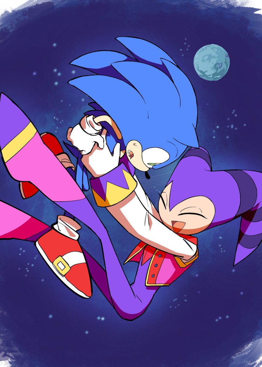 1boy, 1other, akari-chan_(e), androgynous, blue_fur, closed_eyes, flower, furry, furry_male, gloves, green_eyes, hat, highres, jester_cap, long_sleeves, moon, night, nights_(character), nights_into_dreams, open_mouth, quill, red_flower, shoes, sky, sneakers, sonic_(series), sonic_the_hedgehog, star_(sky), starry_sky, sweatdrop, tail, white_gloves