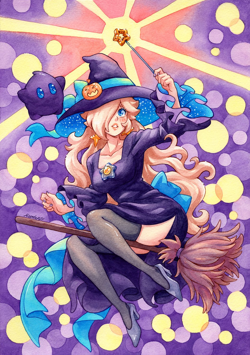 1girl, alternate_costume, black_dress, blonde_hair, blue_eyes, broom, broom_riding, collarbone, dress, earrings, frilled_sleeves, frills, hair_over_one_eye, halloween_costume, hat, high_heels, highres, holding, holding_wand, jewelry, lips, long_hair, luma_(mario), mario_(series), mario_kart, mario_kart_tour, mystar21, nintendo, parted_lips, polari_(super_mario_galaxy), ribbon, rosalina, rosalina_(halloween), shine, solo, star_(symbol), star_earrings, teeth, thighhighs, very_long_hair, wand, witch, witch_hat