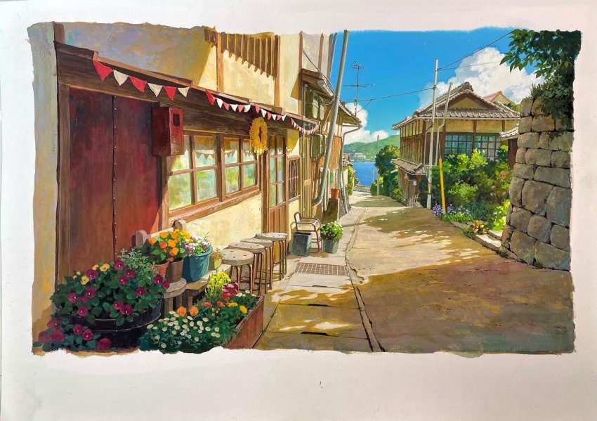 architecture, blue_flower, building, bush, chair, cityscape, commentary_request, day, drain_(object), east_asian_architecture, flower, flower_pot, flower_request, hiroshima_prefecture, house, mixed-language_commentary, nishikawa_youichi, no_humans, onomichi_(city), orange_flower, original, pennant, plant, potted_plant, purple_flower, radio_antenna, real_world_location, retaining_wall, road, scenery, shadow, stool, tile_roof, traditional_media, tree, utility_pole, white_flower, wreath, yellow_flower