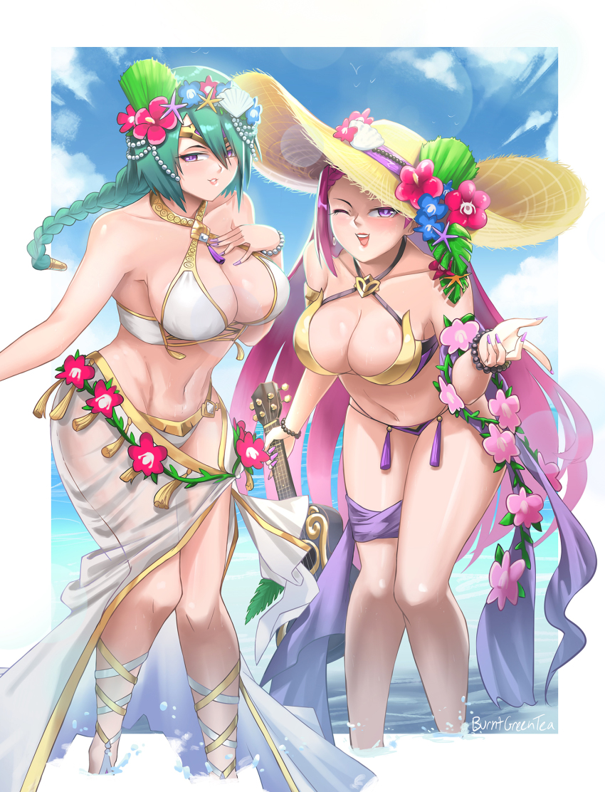 2girls, abs, alternate_costume, bare_shoulders, bead_bracelet, beads, bikini, blush