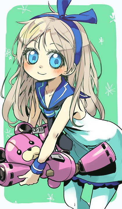 1girl, blue_eyes, blush, character_request, closed_mouth, dress, full_body, grey_hair