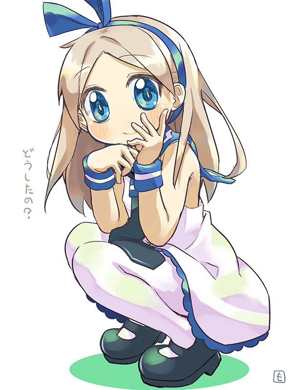 1girl, blue_eyes, blush, character_request, closed_mouth, dress, full_body, grey_hair, hair_ribbon, long_hair, looking_at_viewer, md_monaka, medarot, necktie, pantyhose, ribbon, simple_background, skirt, smile, solo, white_background