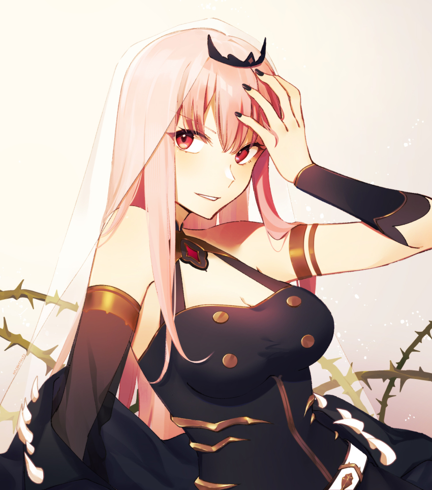 1girl, armlet, bare_shoulders, black_dress, black_nails, blunt_bangs, bracer, breasts