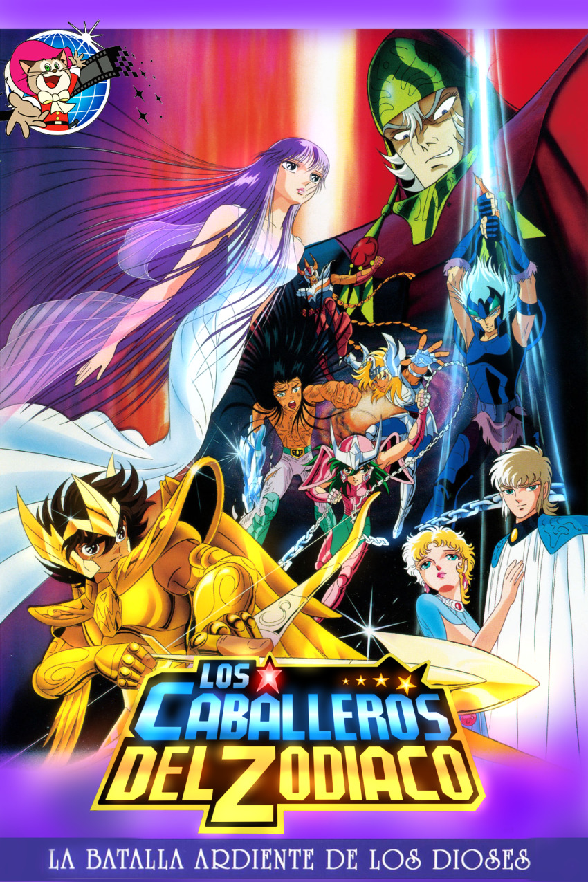 1980s_(style), andromeda_shun, araki_shingo, armor, athena_(saint_seiya), bow_(weapon), cloak, cygnus_hyouga, dorbal_(saint_seiya), dragon_shiryuu, frey_(saint_seiya), freya_(saint_seiya), gold_armor, highres, kido_saori, knights_of_the_zodiac, long_hair, oldschool, phoenix_ikki, pink_armor, retro_artstyle, sagittarius_seiya, saint_seiya, spanish_text, toei_company, very_long_hair, weapon