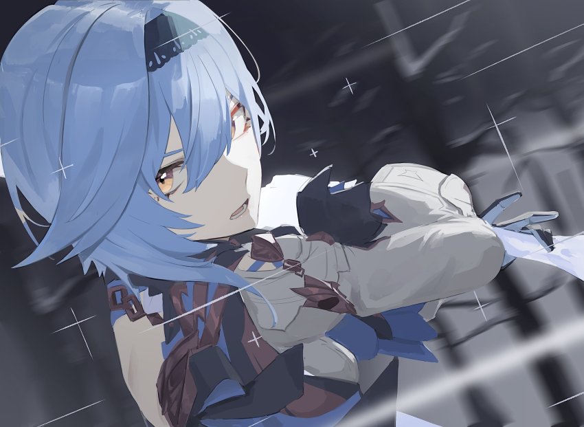 1girl, blue_hair, eula_(genshin_impact), genshin_impact, hair_between_eyes, hairband, highres, holding