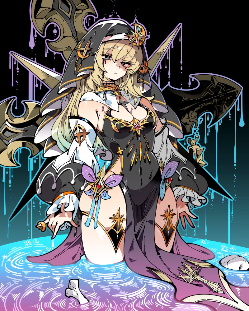 1girl, black_dress, black_headwear, blonde_hair, blue_eyes, breasts, celestine_(letmebid), choker