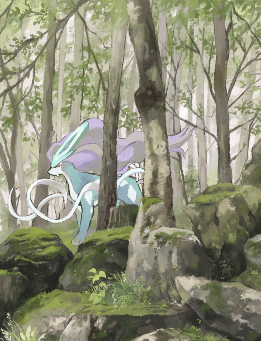commentary_request, day, forest, from_side, gen_2_pokemon, highres, izumi_asuka, legendary_pokemon