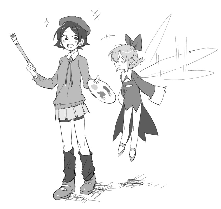 2girls, adeleine, beret, closed_eyes, fairy, fairy_wings, greyscale, hat