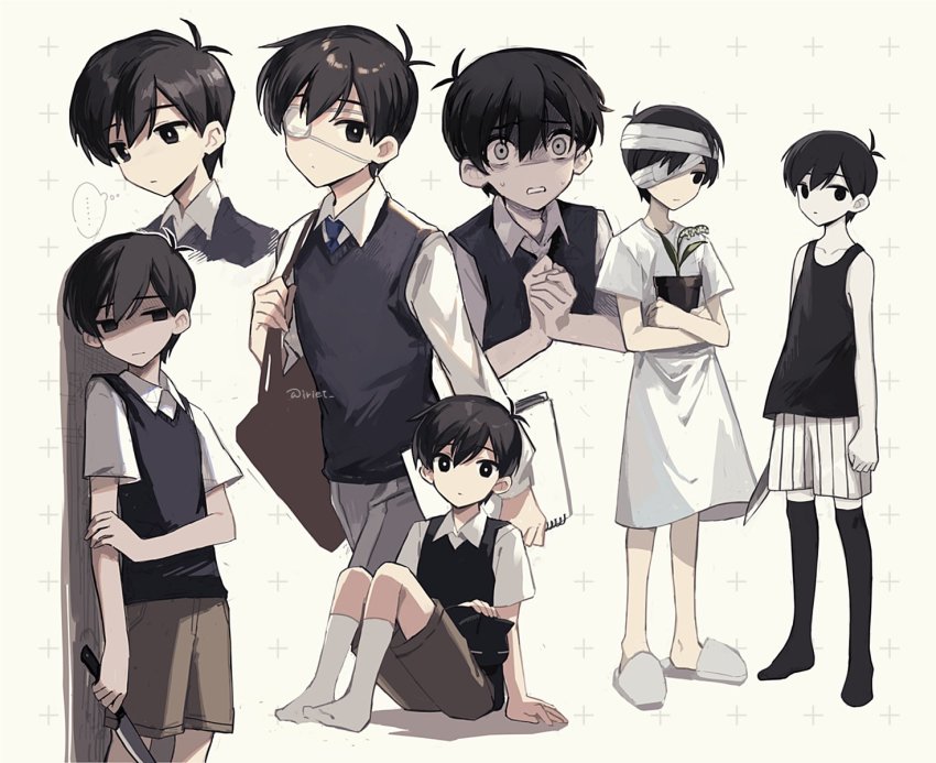 2boys, alternate_costume, bandage_over_one_eye, bandaged_head, bandages, black_eyes, black_hair, black_sweater_vest