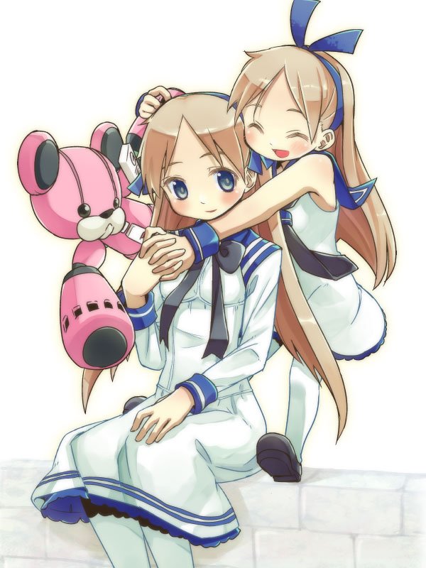 2girls, blue_eyes, blush, character_request, closed_mouth, dress, feet_out_of_frame, full_body, grey_hair, hair_ribbon, long_hair, looking_at_viewer, md_monaka, medarot, multiple_girls, necktie, pantyhose, ribbon, skirt, smile, stuffed_animal, stuffed_toy, teddy_bear, white_background