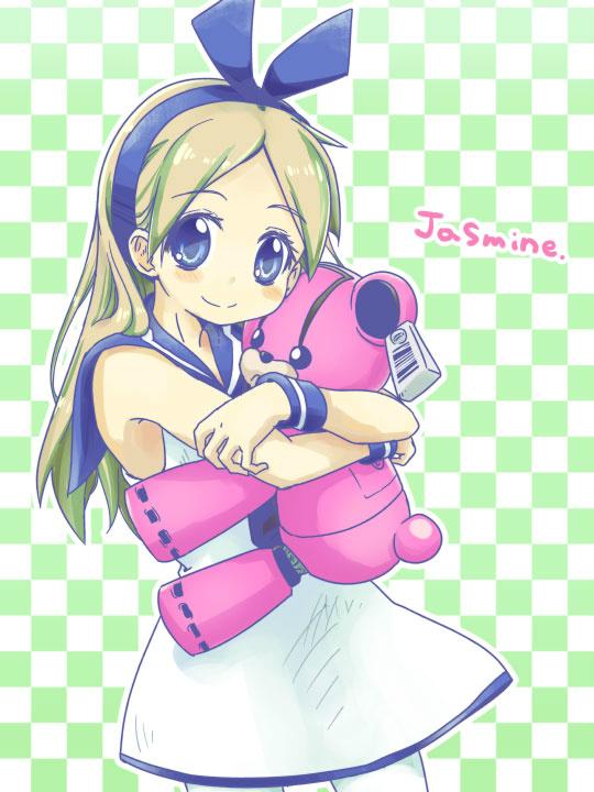 1girl, blue_eyes, blush, character_request, checkered_background, closed_mouth, dress, full_body