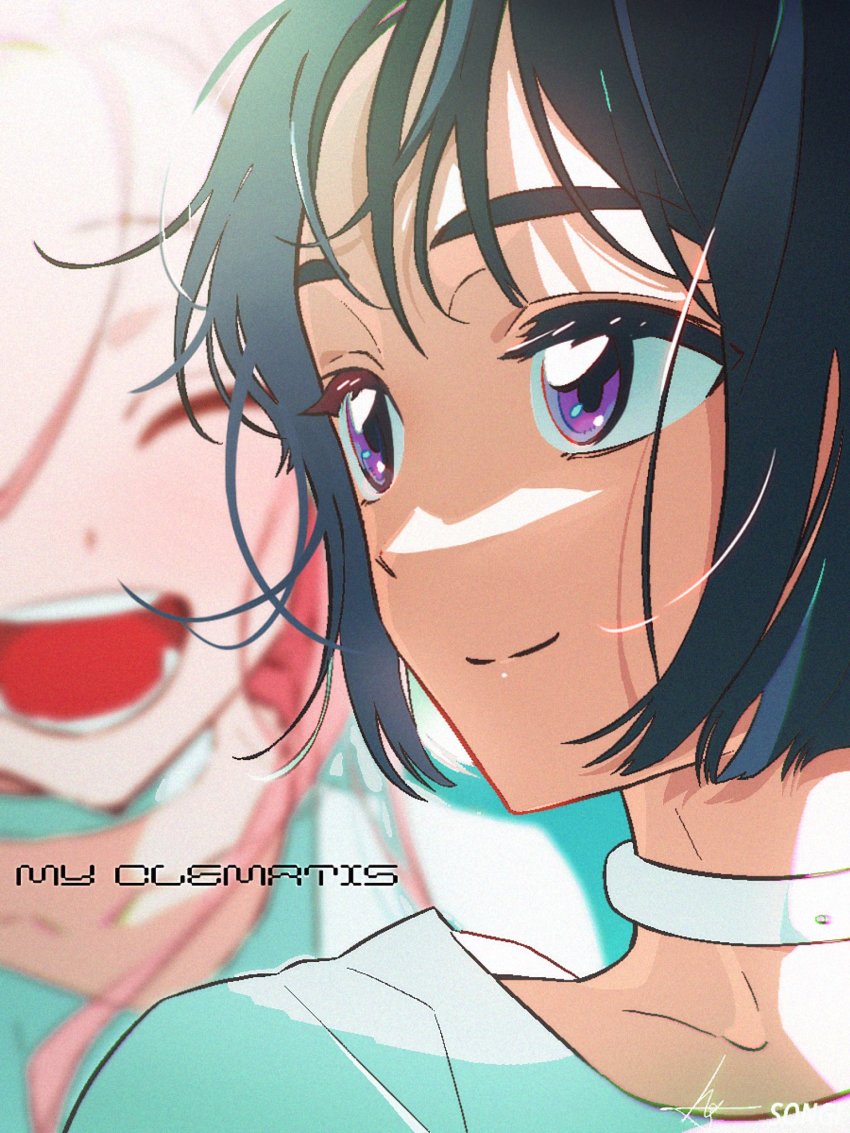 2girls, ^_^, alien_stage, artist_name, black_hair, choker, closed_eyes, collarbone