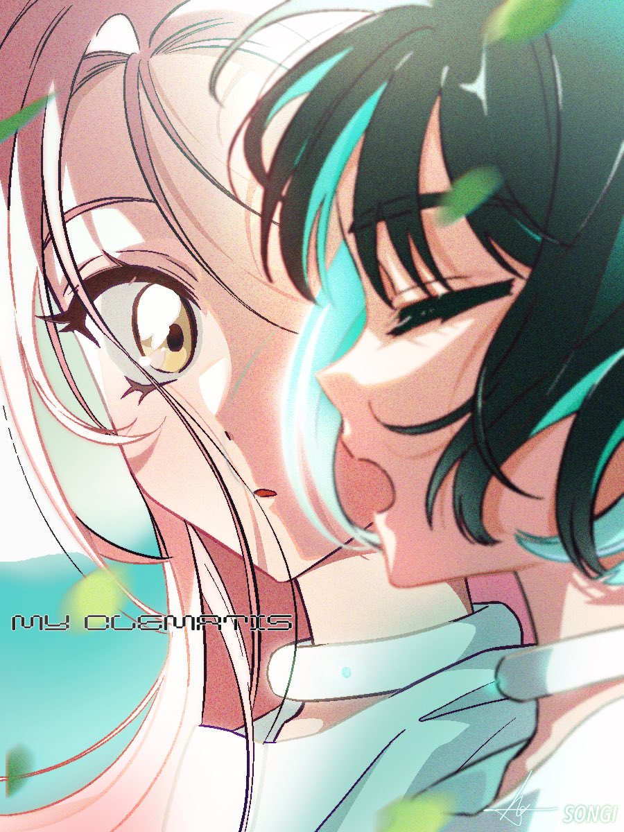 2girls, alien_stage, artist_name, black_hair, blue_hair, choker, closed_eyes, colored_inner_hair, commentary, english_commentary, hair_between_eyes, highres, leaf, mizi_(alien_stage), multicolored_hair, multiple_girls, music, open_mouth, pink_hair, portrait, shirt, short_hair, signature, singing, song_name, songi, sua_(alien_stage), white_choker, white_shirt, yellow_eyes