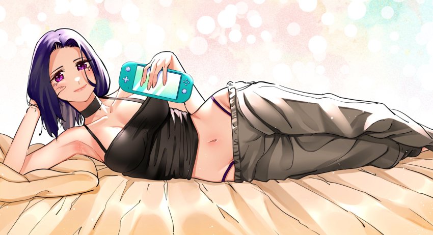 1girl, akino_sayuri, armpits, black_camisole, black_choker, black_panties, breasts, camisole