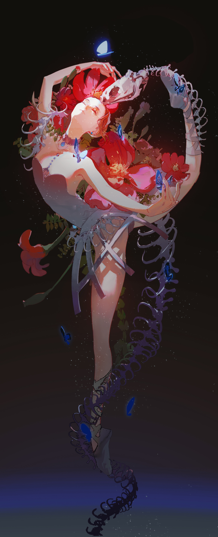 1girl, absurdres, ballerina, black_choker, blue_butterfly, bone, bug, butterfly, chinese_commentary, choker, closed_eyes, closed_mouth, commentary_request, flexible, flower, highres, insect, kakin666, lace-trimmed_choker, lace_trim, leotard, orange_hair, original, red_flower, shirt, shoes, slippers, solo, spine, white_leotard, white_shoes, white_slippers