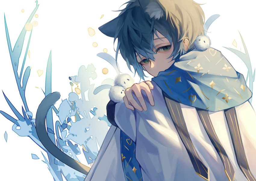 1boy, aluhzora, animal_ears, blue_hair, cat_ears, cat_tail, commentary, english_commentary