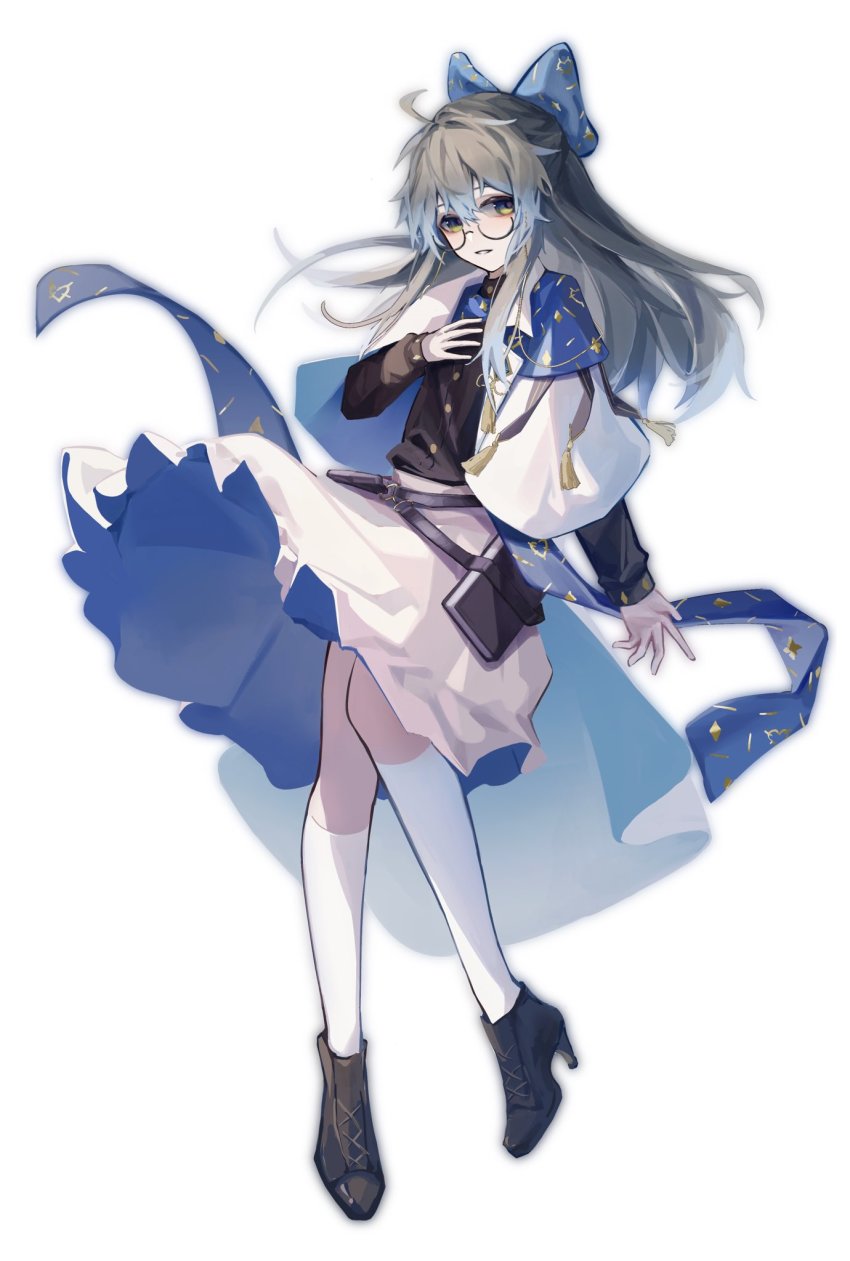 1girl, aluhzora, black_footwear, blue_bow, blue_hair, bow, closed_mouth, dress, frills, full_body, gradient_hair, grey_hair, hair_bow, hand_on_own_chest, highres, ike_eveland, long_hair, long_sleeves, looking_at_viewer, multicolored_hair, nijisanji, nijisanji_en, simple_background, solo, standing, standing_on_one_leg, virtual_youtuber, white_background