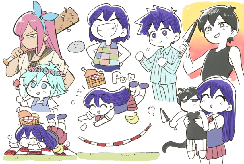 2girls, 4boys, aubrey_(faraway)_(omori), aubrey_(omori), baseball_bat, basil_(headspace)_(omori), basil_(omori), blanket
