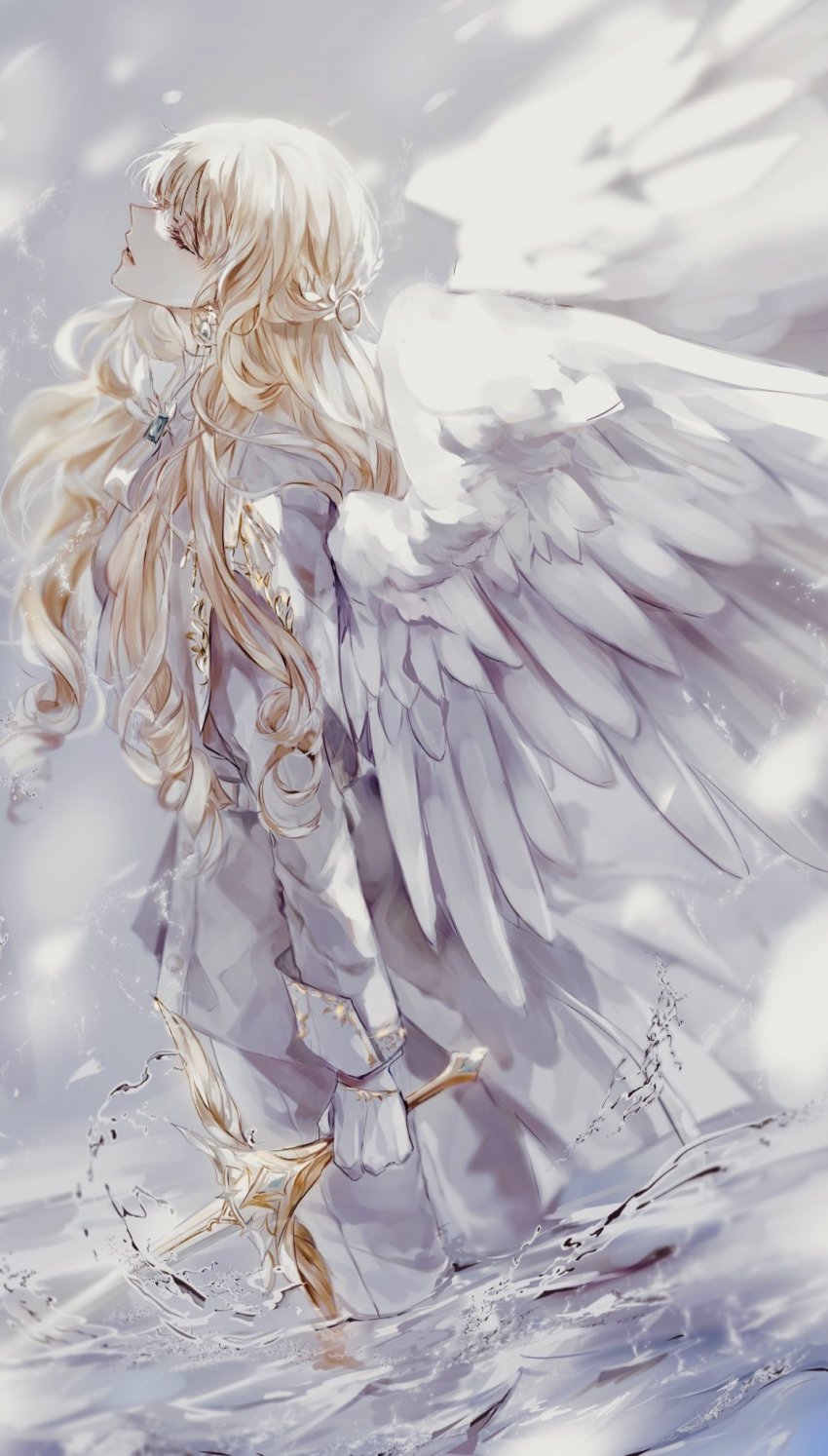 1girl, angel, angel_wings, blonde_hair, braid, closed_eyes, drill_hair, earrings