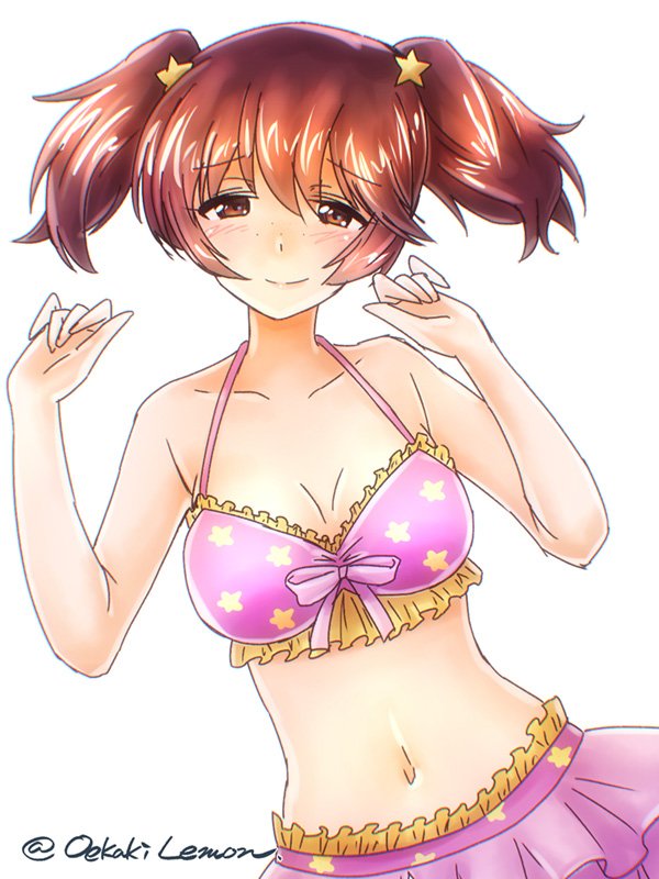 1girl, alisa_(girls_und_panzer), artist_name, bikini, bow, breasts, brown_eyes, brown_hair