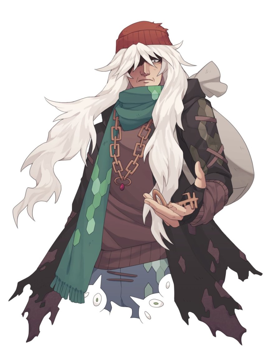 1boy, angel_(sunnyknights), az_(pokemon), beanie, black_gloves, brown_hat, brown_sweater, chain