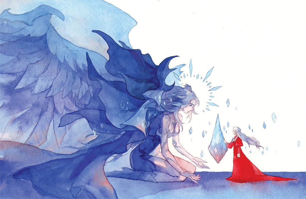 2girls, alternate_color, arm_at_side, blue_hair, blue_skin, colored_skin, commentary, crystal, dual_persona, english_commentary, feathered_wings, final_fantasy, final_fantasy_xiv, fins, floating, floating_hair, floating_object, from_side, full_body, grey_hair, halo, head_fins, hydaelyn, long_hair, mask, mask_around_neck, unworn_mask, medium_hair, multiple_girls, onedayfour, painting_(medium), profile, red_robe, robe, seiza, simple_background, sitting, standing, traditional_media, venat_(ff14), watercolor_(medium), wavy_hair, white_background, wings