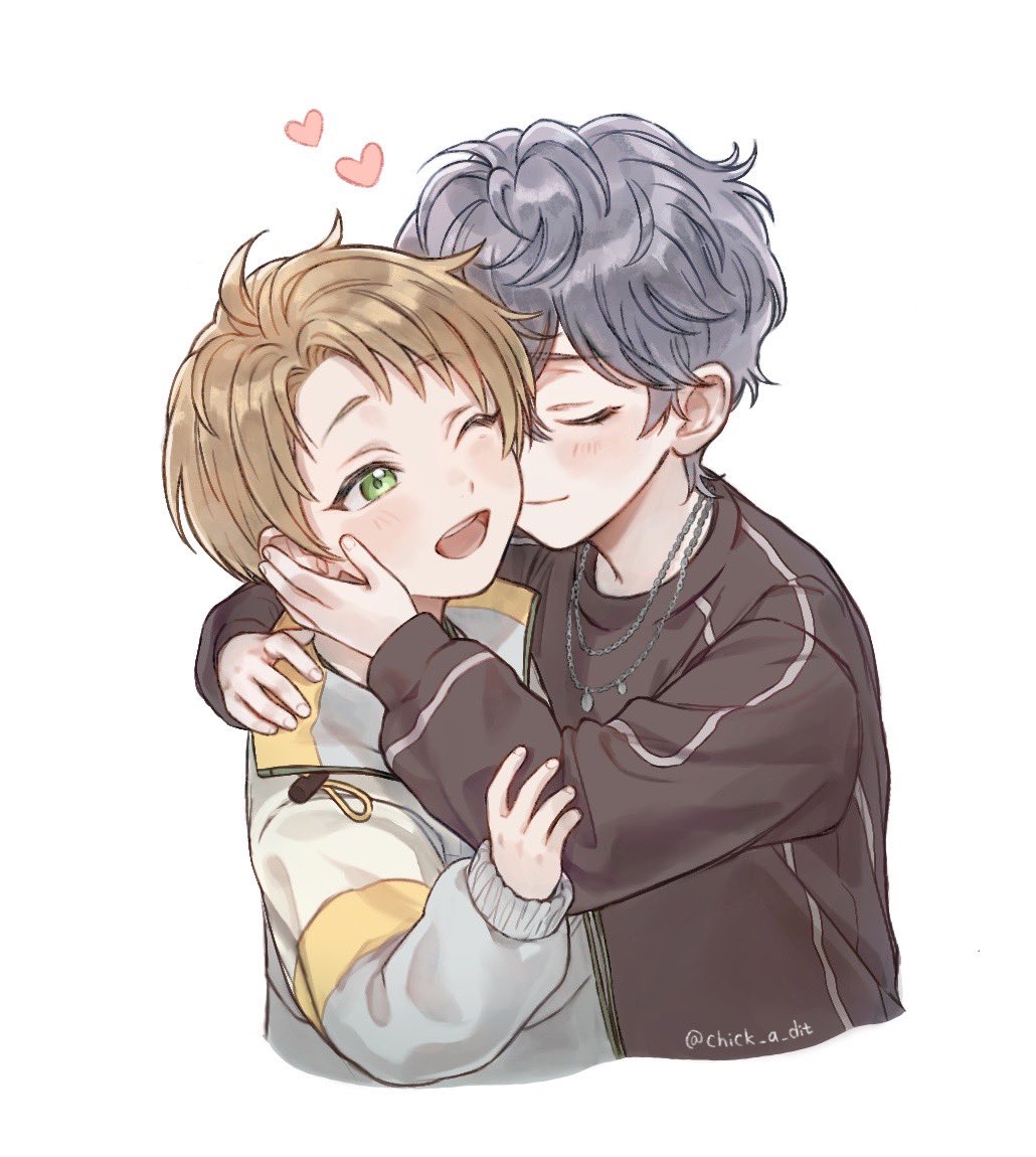 2boys, aged_down, blonde_hair, blush, chick_a_dit, closed_eyes, closed_mouth, commentary_request, couple, ensemble_stars!, green_eyes, grey_hair, heart, hug, jewelry, multiple_boys, necklace, one_eye_closed, open_mouth, sena_izumi_(ensemble_stars!), simple_background, teeth, upper_teeth_only, white_background, yaoi, yuuki_makoto_(ensemble_stars!)