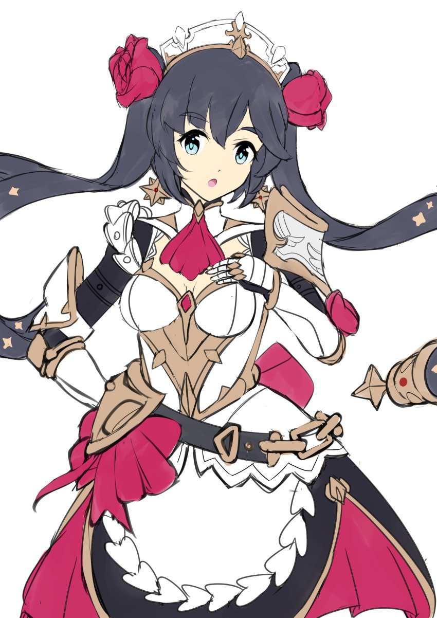 1girl, absurdres, alternate_costume, armor, black_hair, blue_eyes, chestnut_mouth, cosplay